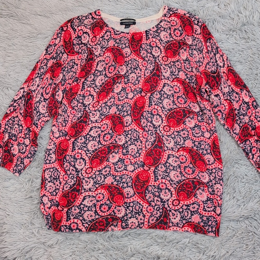 Lands End Shirt Womens‎ L Tall Multicolor Paisley Top Lightweight Casual